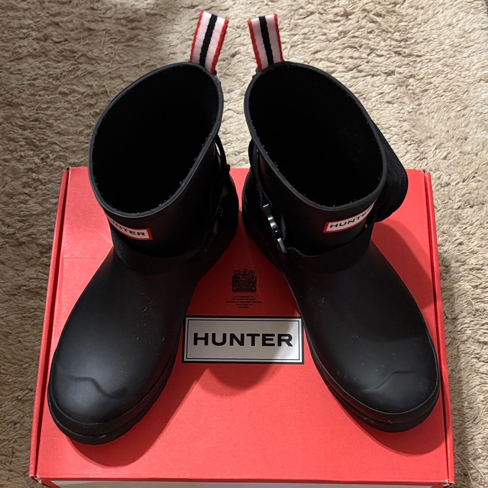 Hunter Black Boots with Red and White Stripes rain boots, minimal wear.